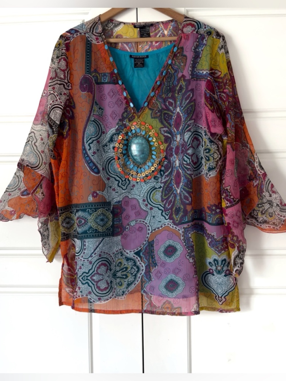Vintage Boston Proper Boho Tunic Top XL Indie Artsy Whimsy Colorful Beaded Fairy